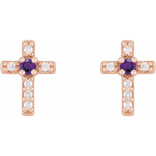 14K Rose Natural Amethyst & .03 CTW Natural Diamond Cross Earrings