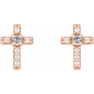 14K Rose Natural White Sapphire & .03 CTW Natural Diamond Cross Earrings