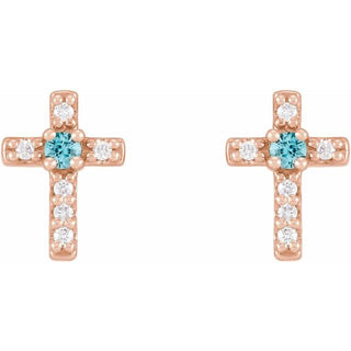 14K Rose Natural Blue Zircon & .03 CTW Natural Diamond Cross Earrings