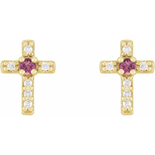 14K Yellow Natural Pink Tourmaline & .03 CTW Natural Diamond Cross Earrings