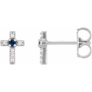 14K White Natural Blue Sapphire & .03 CTW Natural Diamond Cross Earrings
