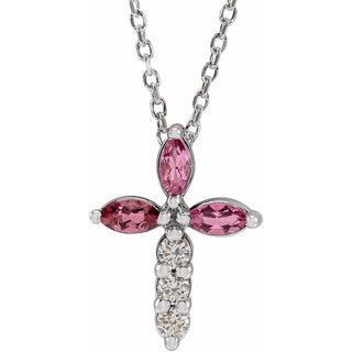 Platinum Natural Pink Tourmaline & 1/10 CTW Natural Diamond Cross 16-18" Necklace