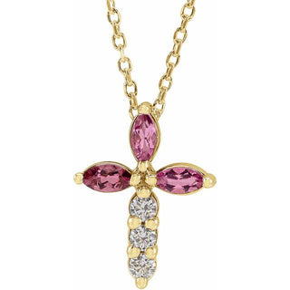 14K Yellow Natural Pink Tourmaline & 1/10 CTW Natural Diamond Cross 16-18" Necklace