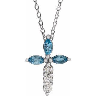 Platinum Natural Aquamarine & 1/10 CTW Natural Diamond Cross 16-18" Necklace
