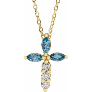 14K Yellow Natural Aquamarine & 1/10 CTW Natural Diamond Cross 16-18" Necklace