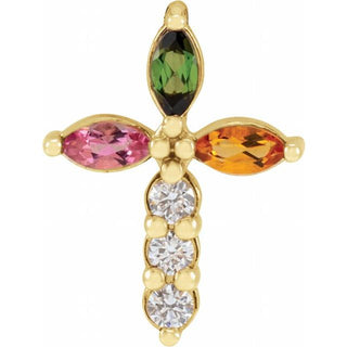 14K Yellow Natural Multi-Gemstone & 1/10 CTW Natural Diamond Cross Pendant