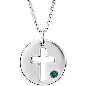 14K White Alexandrite Pierced Cross Disc 16-18" Necklace