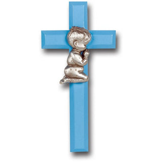 7" Blue Wood Cross With Praying Boy Pewter Figure