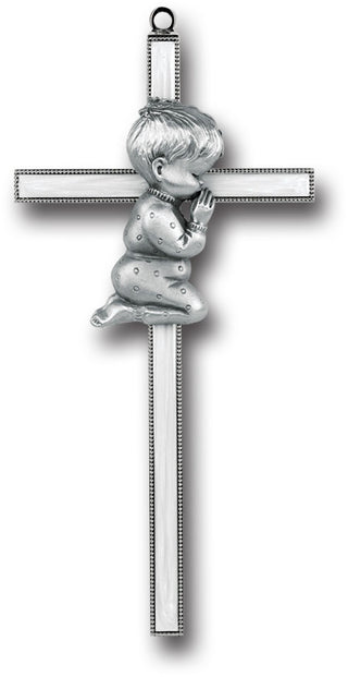 7" Praying Boy On Metal White And Gold Cross