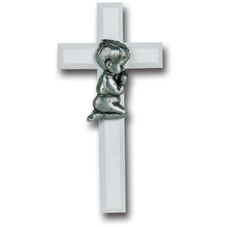 7" White Wood Cross With Pewter Praying Boy Figure