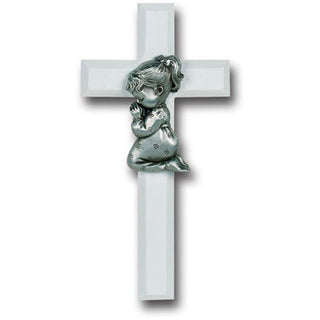 7" White Wood Cross With Pewter Praying Girl Fifure