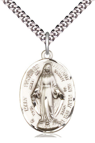 Sterling Silver Immaculate Conception Pendant on an 24-inch Light Rhodium Heavy Curb Chain