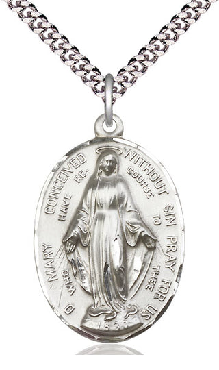 Sterling Silver Immaculate Conception Pendant on an 24-inch Light Rhodium Heavy Curb Chain