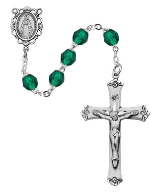Dark Green Glass May Rosary Boxed