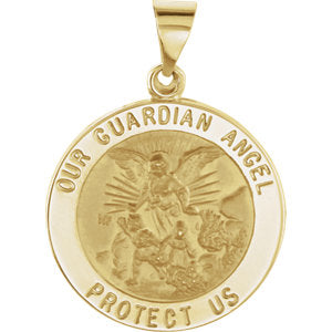 14K Gold 21.75 MM Round Hollow Guardian Angel Medal