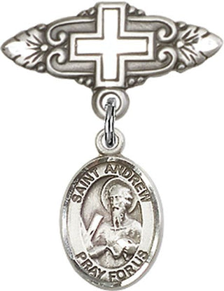 Sterling Silver Badge Pin With Cross St. Andrew the Apostle Baby Badge - Engravable