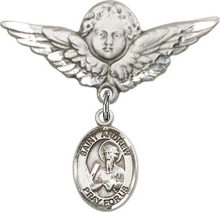 Sterling Silver Large Angel w/Wings St. Andrew the Apostle Baby Badge - Engravable