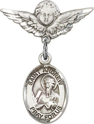 Sterling Silver Small Angel w/Wings St. Andrew the Apostle Baby Badge - Engravable