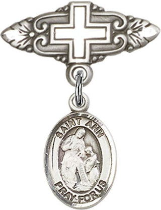 Sterling Silver Badge Pin With Cross St. Ann Baby Badge - Engravable