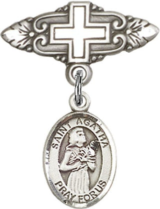 Sterling Silver Badge Pin With Cross St. Agatha Baby Badge - Engravable