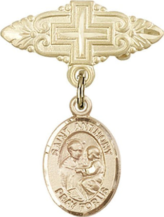 14kt Gold Badge Pin With Cross St. Anthony of Padua Baby Badge - Engravable