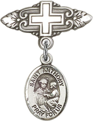 Sterling Silver Badge Pin With Cross St. Anthony of Padua Baby Badge - Engravable