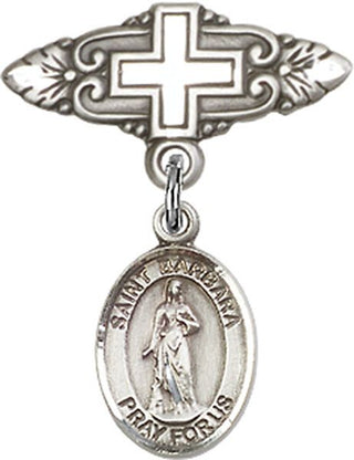 Sterling Silver Badge Pin With Cross St. Barbara Baby Badge - Engravable