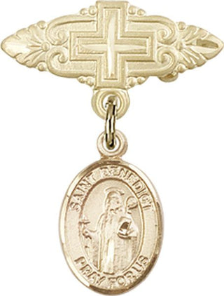 14kt Gold Badge Pin With Cross St. Benedict Baby Badge - Engravable