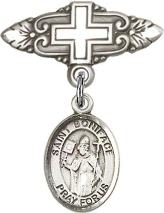 Sterling Silver Badge Pin With Cross St. Boniface Baby Badge - Engravable