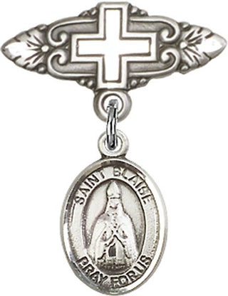 Sterling Silver Badge Pin With Cross St. Blaise Baby Badge - Engravable