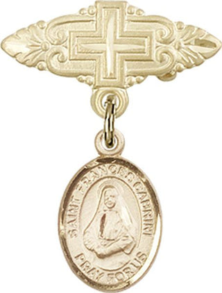 14kt Gold Badge Pin With Cross St. Frances Cabrini Baby Badge - Engravable