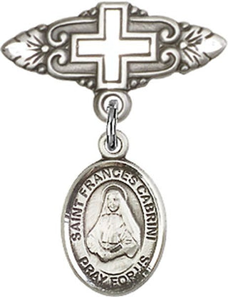 Sterling Silver Badge Pin With Cross St. Frances Cabrini Baby Badge - Engravable