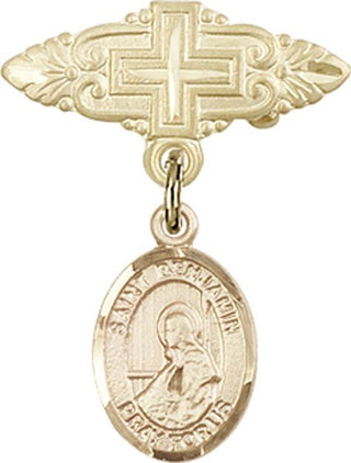 14kt Gold Badge Pin With Cross St. Benjamin Baby Badge - Engravable
