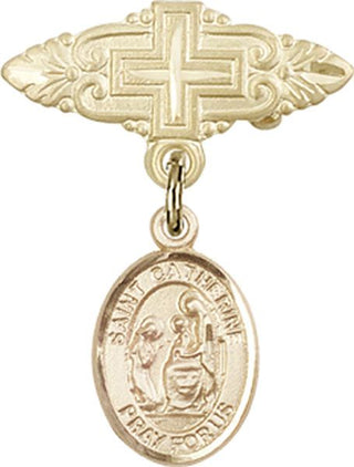 14kt Gold Badge Pin With Cross St. Catherine of Siena Baby Badge - Engravable