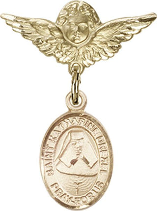 14kt Gold Small Angel w/Wings St. Katharine Drexel Baby Badge - Engravable