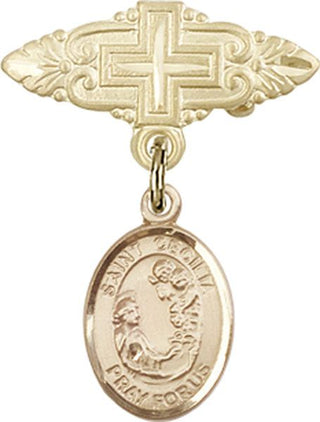 14kt Gold Badge Pin With Cross St. Cecilia Baby Badge - Engravable