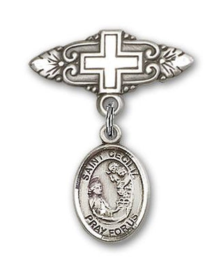 Sterling Silver Badge Pin With Cross St. Cecilia Baby Badge - Engravable