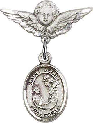 Sterling Silver Small Angel w/Wings St. Cecilia Baby Badge - Engravable