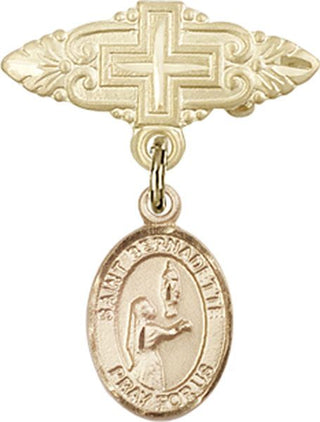 14kt Gold Badge Pin With Cross St. Bernadette Baby Badge - Engravable