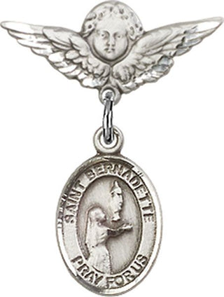 Sterling Silver Small Angel w/Wings St. Bernadette Baby Badge - Engravable