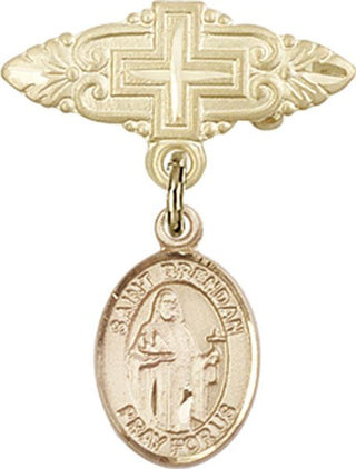 14kt Gold Badge Pin With Cross St. Brendan the Navigator Baby Badge - Engravable