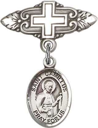 Sterling Silver Badge Pin With Cross St. Camillus of Lellis Baby Badge - Engravable