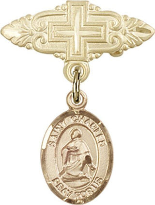 14kt Gold Filled Badge Pin With Cross St. Charles Borromeo Baby Badge - Engravable