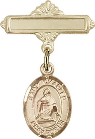 14kt Gold Polished Badge Pin St. Charles Borromeo Baby Badge - Engravable