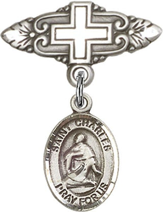 Sterling Silver Badge Pin With Cross St. Charles Borromeo Baby Badge - Engravable