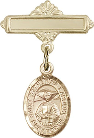14kt Gold Polished Badge Pin St. Catherine Laboure Baby Badge - Engravable