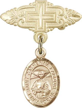 14kt Gold Badge Pin With Cross St. Catherine Laboure Baby Badge - Engravable