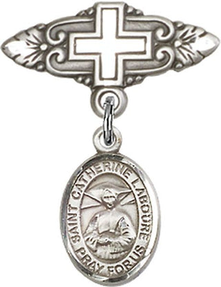 Sterling Silver Badge Pin With Cross St. Catherine Laboure Baby Badge - Engravable