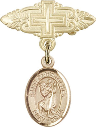 14kt Gold Badge Pin With Cross St. Christopher Baby Badge - Engravable