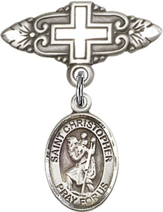 Sterling Silver Badge Pin With Cross St. Christopher Baby Badge - Engravable